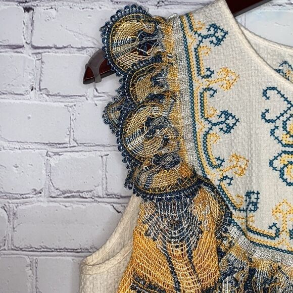 Leon Max Embroidered Cotton Boho Ruffle Sleeveless Artsy Top M - Picture 4 of 12